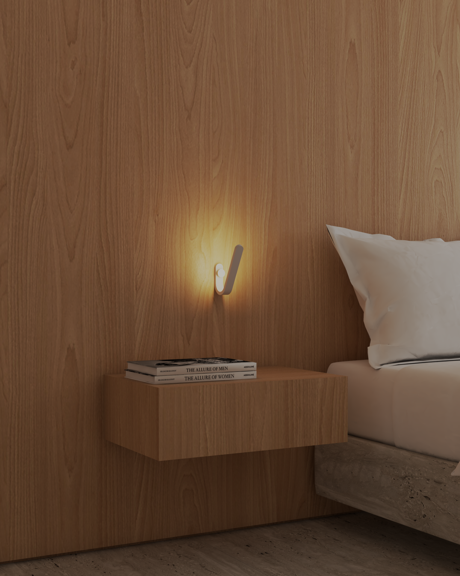 Arandela de LED triangular Avio da Bella Itália instalada na parede, emitindo luz suave, ideal para cabeceira de cama ou lavabos.